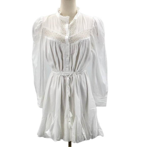 AaKaa SZ M White Lace Cotton Belted Long Sleeve Flutter Mini Dress NWT B21 - Picture 1 of 6
